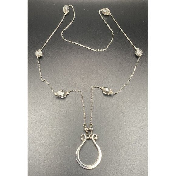 Lyre Shape  Necklace Ring Eyeglass Charm Holder Smoky AB Crystal Silver Tone 26" - Picture 1 of 8